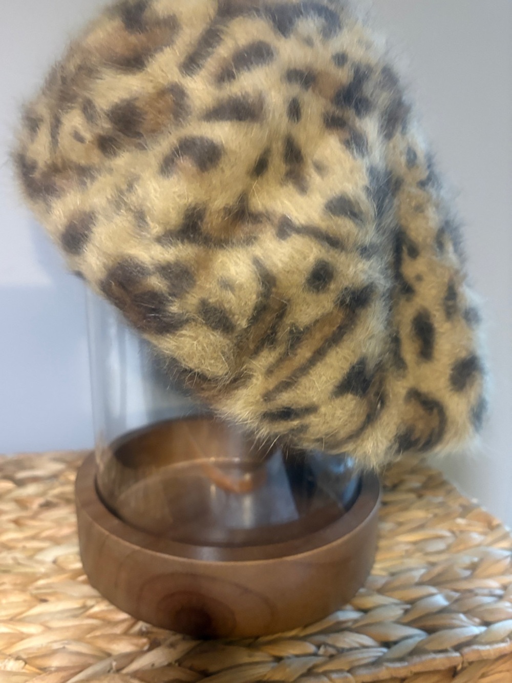 Soft Surroundings Fuzzy Angora Rabbit Hair Leopard Print Knit Hat OS